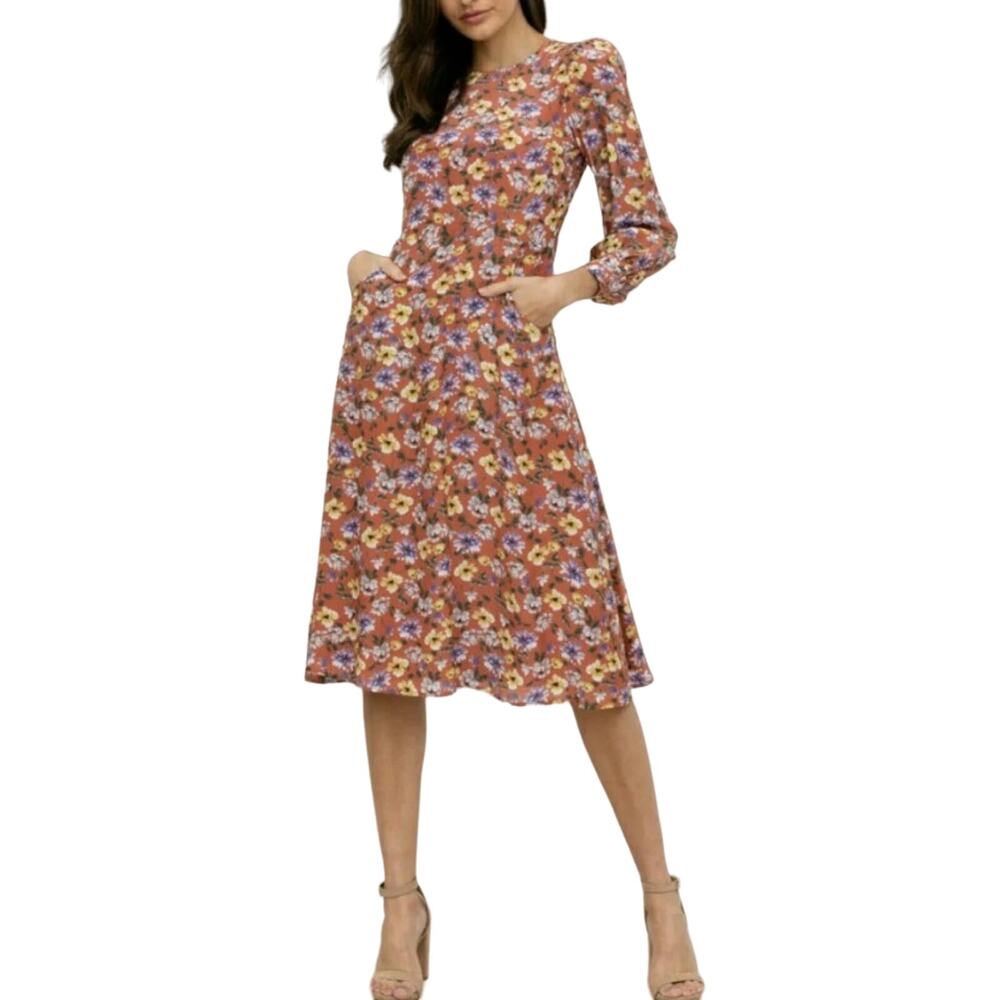 Yumi Kim Love Me Tender Dress in So Amazing Rust Floral Crew Neck Midi S New